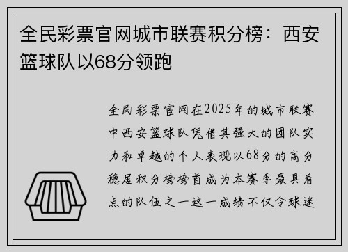 全民彩票官网城市联赛积分榜：西安篮球队以68分领跑